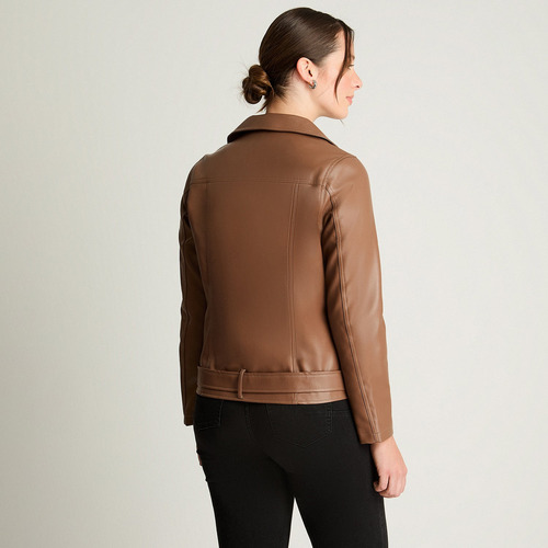 Chaqueta Biker Ecocuero Con Cinturón Café Mujer Hasta La Tal