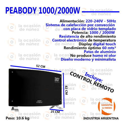 Imagen 2 de 6 de Calefactor Electrico Peabody Vitroconvector Digital 2000w