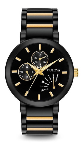 Reloj Bulova Classic Original Para Hombre 98c124 Time Square Correa Negro con dorado Bisel Negro Fondo Negro