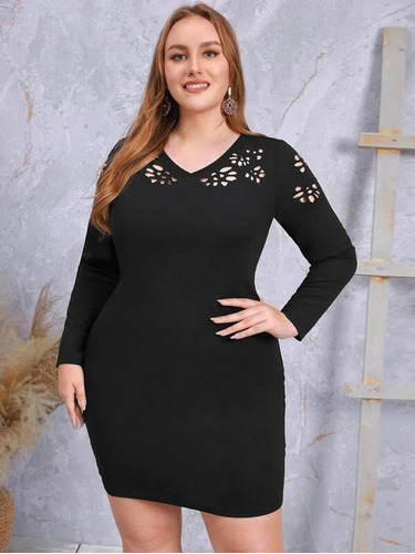 Vestido Negro Ajustado Cortes, Tallas Extras 2xl 3xl 4xl 5xl