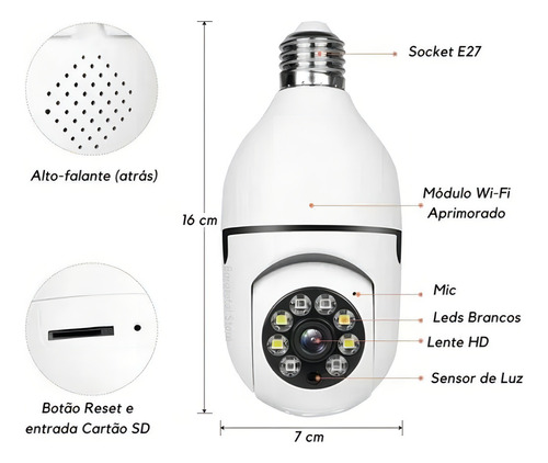 Câmera Ip Inteligente Wifi E Espiã Lâmpada Visão Noturna Cor