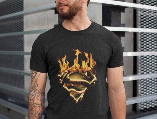 Polera Unisex Superman Logo Fuego Estampado Algodon