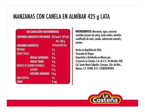 Manzanas Con Canela En Almibar La Costeña 425 Gr