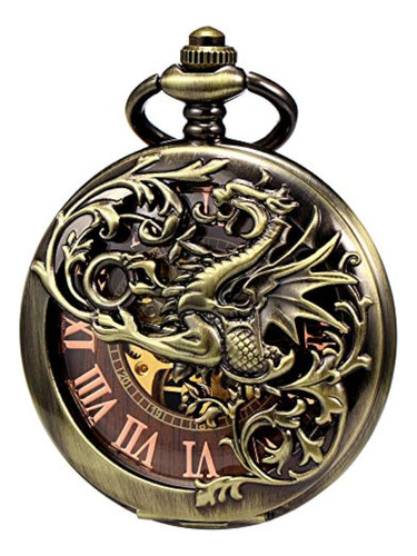 Treeweto Antique Dragon Mechanical Skeleton Pocket Watch Con