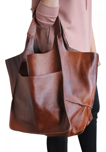 Bolso De Mano Grande De Cuero Sintético Marrón Para Mujer