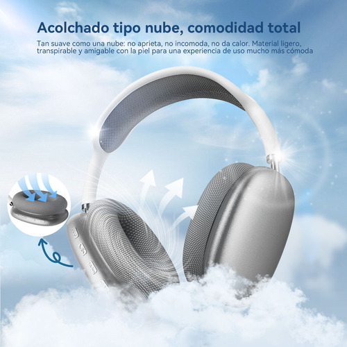 Audífonos Inalámbricos Over-ear Mecdets P9 Pro Max Con Bluetooth, Sonido De Bajos Profundos, Micrófono Integrado, Cancelación De Ruido, Plateado