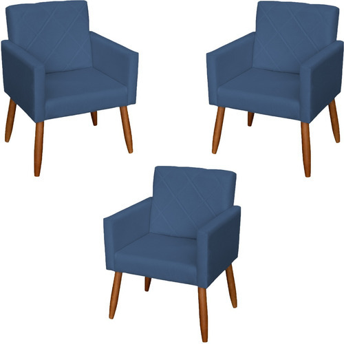 Kit 3 Cadeiras Escritório Poltronas Decorativas Reforçadas Cor Azul-marinho Desenho do tecido SUEDE LISO