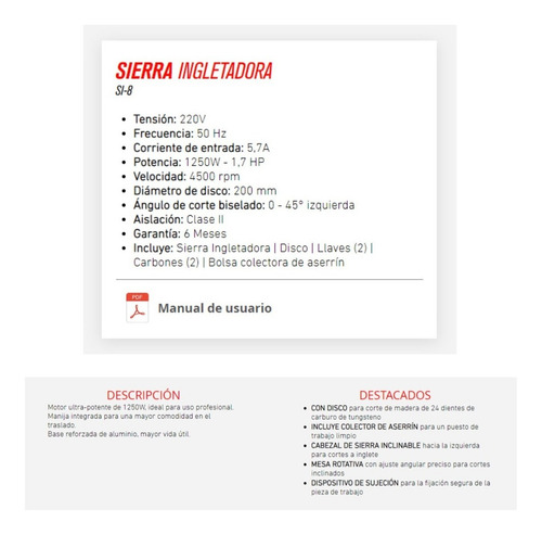 Imagen 3 de 10 de Sierra Ingletadora 210mm 1250w 8.1/4'' Inclinable 45° Omaha