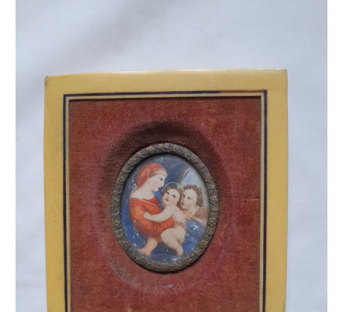Cuadro Miniatura Virgen Con Niño Y Angel, Pintada A Mano