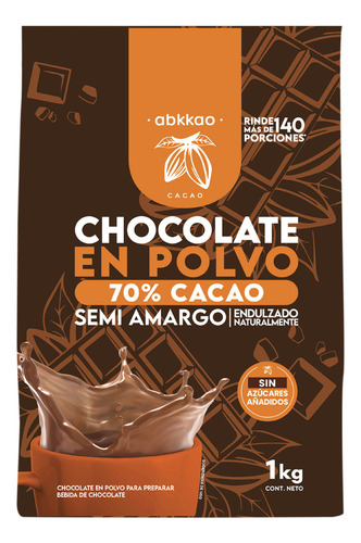 Abkkao Chocolate En Polvo 70% Cacao Semiamargo Sin AzĂșcar1kg