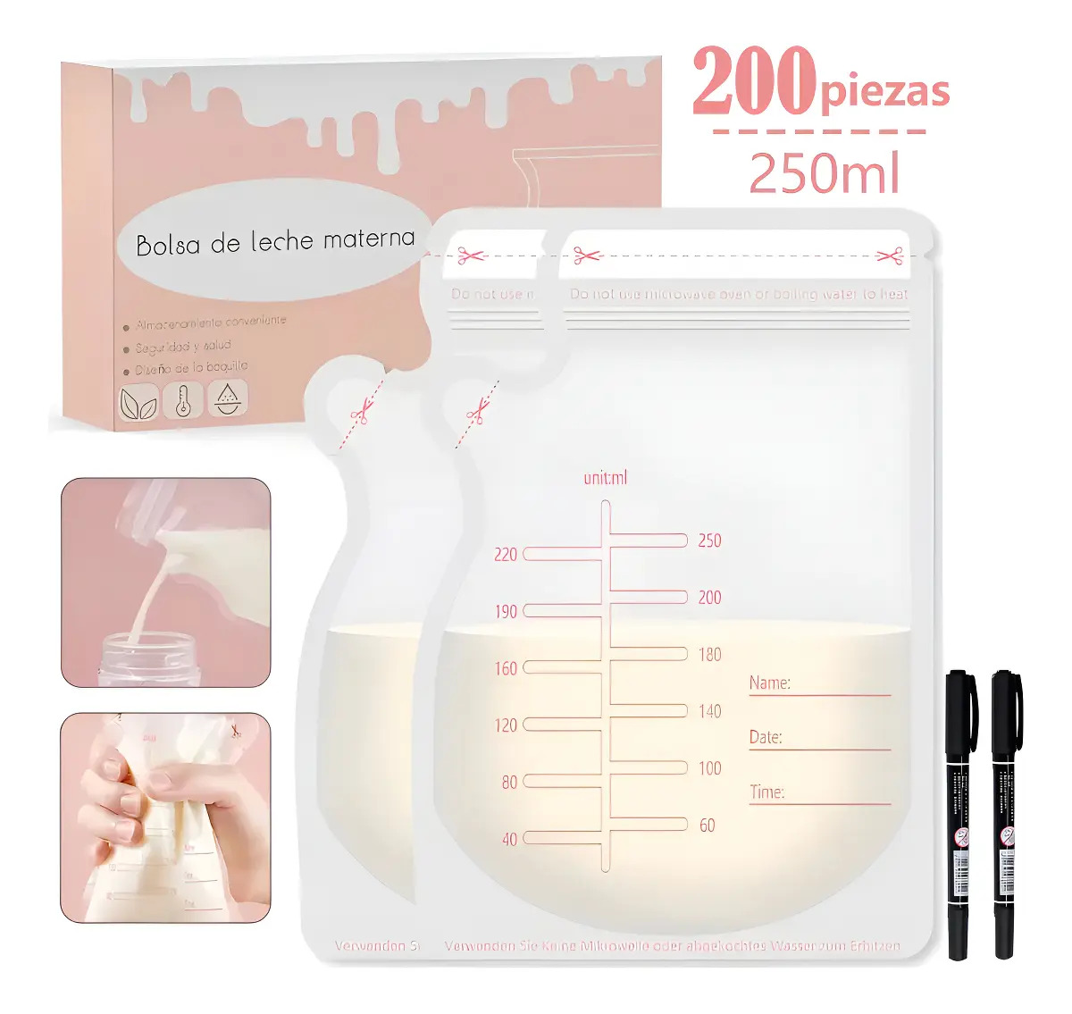 Bolsas de Almacenamiento de Leche Materna TUOMO de 250 mL, Pack de 200 Unidades con 2 Bolígrafos y sin BPA