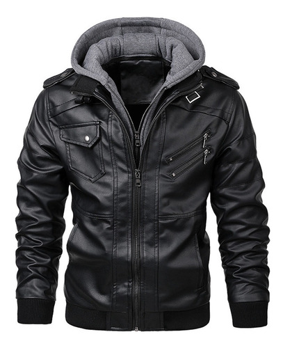 Cool Retro Biker Chaqueta De Cuero Con Capucha Para Hombre