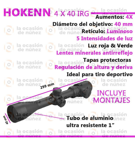 Mira Telescopica Hokenn Irg 4x40 Reticulo Iluminado + Montaj