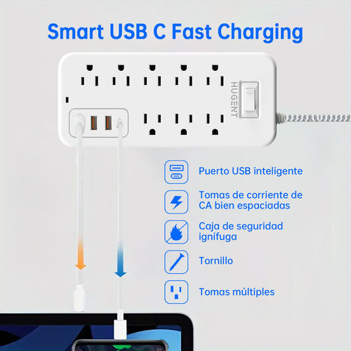 Regleta Multicontacto Con 3 Cargador Usb 8 Salidas 1 Tipo C