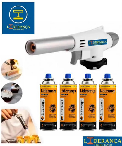 Kit Completo Maçarico Multiuso Culinário Profissional Acendedor Churrasqueira Carvão Lareira + 4 Refil Marca Liderança