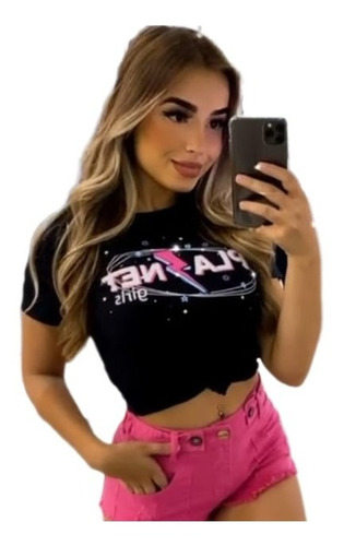 T-shirt Preta Raio Letreiro Planet Girls