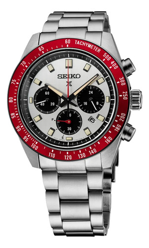 Reloj Seiko Prospex Speedtimer Solar Chronograph Ssc945 Correa Plateado Bisel Rojo Fondo Plateado