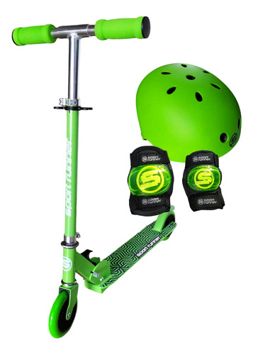 Scooter Infantil Con Equipo De Proteccion Completo Verde Verde