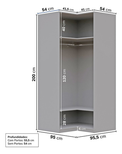 Guarda-roupa De Canto Reto Modular 95cm Sem Portas Com Wt
