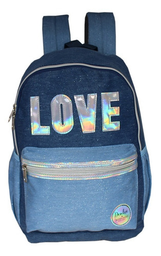 Mochila Casual Trabalho Passeio Love Holográfica Facu Denlex Cor Azul Desenho do tecido Holográfica Love