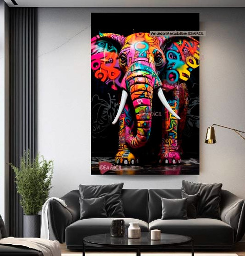 Cuadro Elefante Artístico Graffiti Canvas Grueso Clf1 140x90