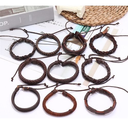 (g)juego De 10 Pulseras De Cuero Trenzado Sencillas