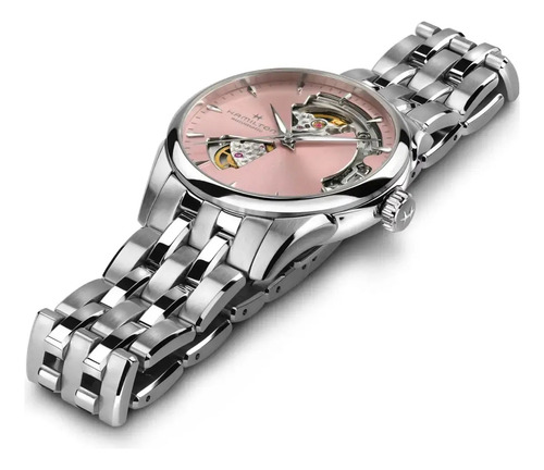 Reloj Hamilton Jazzmaster Open Heart Lady Auto H32215170 Correa Plateado Bisel Plateado Fondo Rosa