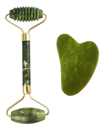 Set Rodillo Facial Cuarzo Jade Y Piedra Gua Sha Masajeador