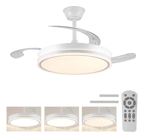 Ventilador de Teto LED Silencioso Nepul Turbo com 3 Pás Retráteis e Controle Remoto Branco 42"