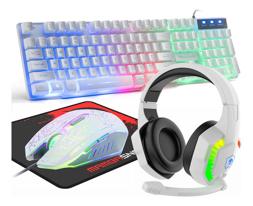 Kit Teclado Mouse Y Auriculares Blancos Rgb + Mouse Pad