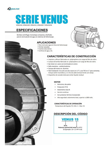 Bomba Para Hidromasaje Aquapak Venus 2.5 Hp 115v Venus25n