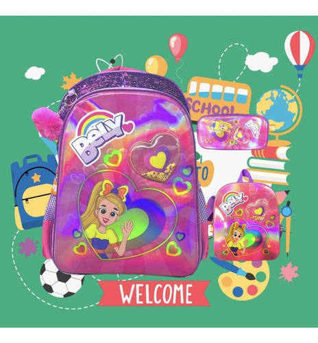Kit Mochila Bely Primaria Niña Prinss Lentejuela Orignal Color Bely Rosa Pk Diseño De La Tela 3d