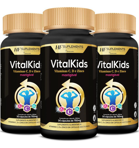 Kit 3 Vitalkids Vitamina C D Zinco 30caps Mastigável