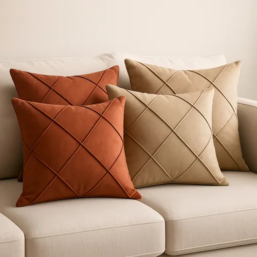 04 Capas Almofada 45x45 Suede Luxo Drapeadas Sofá Sala Bege E Terracota Drapeado