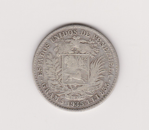 Moneda Venezuela 1 Bolivar Año 1935 Plata Muy Bueno