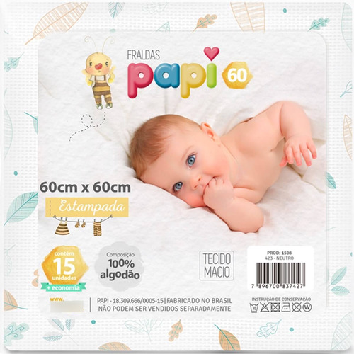 Fralda De Pano Papi Neutra 60x60cm 100% Algodão Com 15 Un