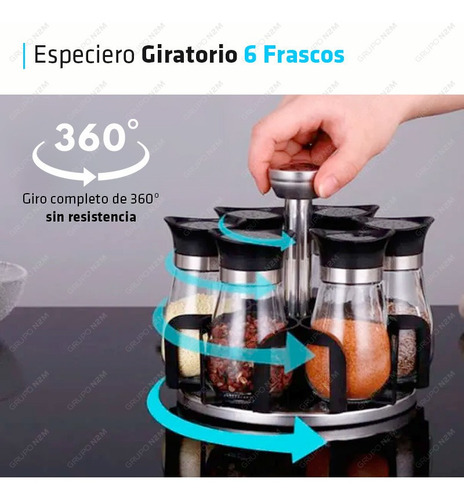 Imagen 3 de 10 de Set Condimentero Especiero Giratorio 6 Frascos Vidrio Acero