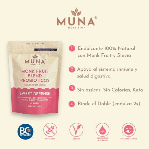Muna Monk Fruit Con Probióticos Endulzante Fruta Del Monje