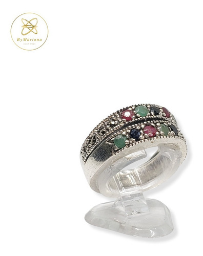 Imagen 3 de 10 de Anillo Plata Raices Piedras De Colores