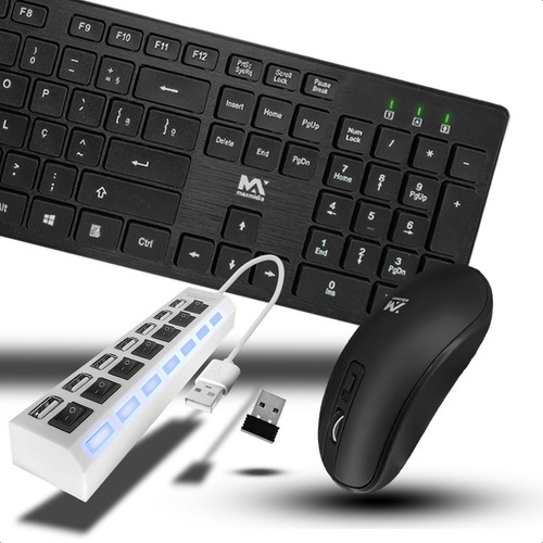 Kit Teclado E Mouse Sem Fio Ergonômico Com Hub Extensor Usb 7 Portas Computador Notebook
