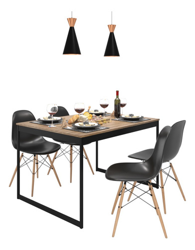 Set Mesa De Jantar 120x90 Industrial + 4 Cadeiras Eames Cor Da Tampa Não Aplica Cor Dos Pés Mesa Lâmina Com Preto Cadeiras Pretas