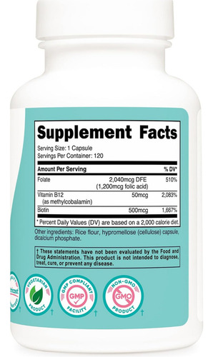 Ácido Fólico (vit B9) 1200 Mg, X 120 Cap Con B12 Y Biotina Sin Sabor