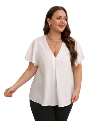 Blusa Plus Size Poliéster, Escote En V, Mangas Mariposa,4xl