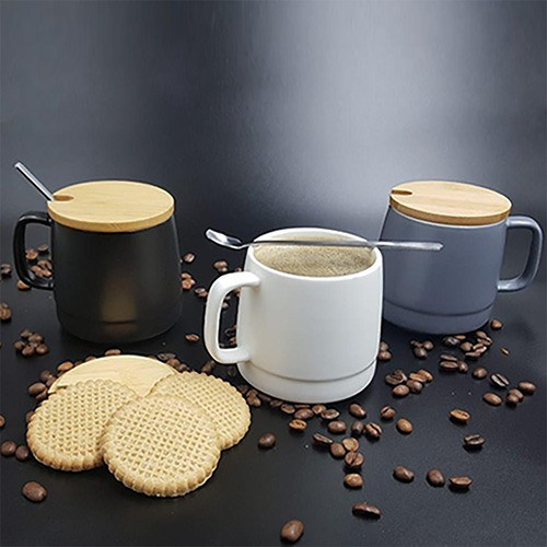 Imagen 3 de 10 de Taza De Ceramica Con Tapa De Bambú