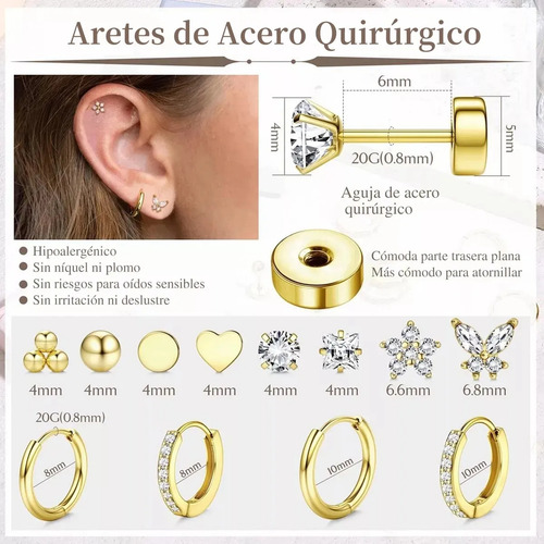 12 Pare Aretes De Oro 14k Mujer Arracadas Piercing Cartílago