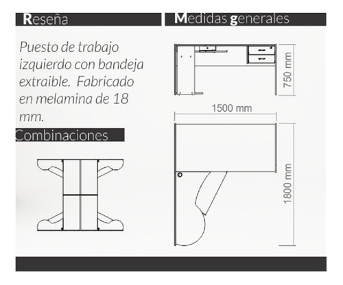 Imagen 3 de 3 de Escritorio P- Pc En L, Puesto De Trabajo Izquierdo Cod. 916