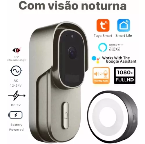 Campainha Video Porteiro C/ Camera Wifi Sem Fio Tuya, Alexa