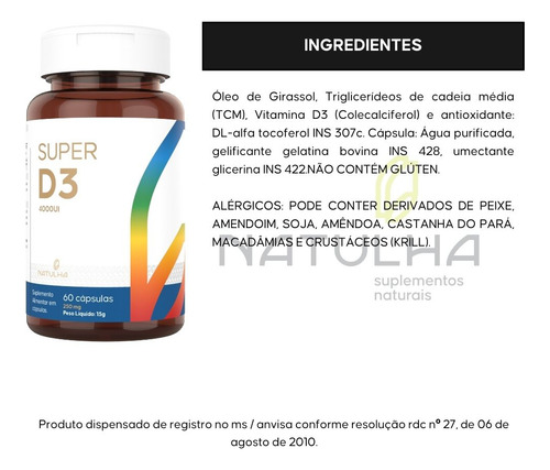 Suplemento en cápsulas Natulha Encapsulados Vitamina D3 x 106g