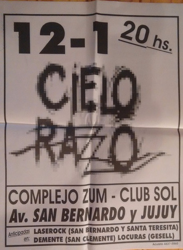 Cielo Razzo - Aficheta Publicitaria - 12/01 Complejo Zum