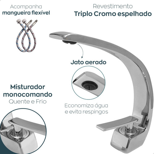 Torneira Banheiro Curvada Cascata Misturador Monocomando Metal Cromado Bancada Pia Lavabo Alto Padrão Torneira Curva Slim Bica Baixa Quente Frio Dona D.cor